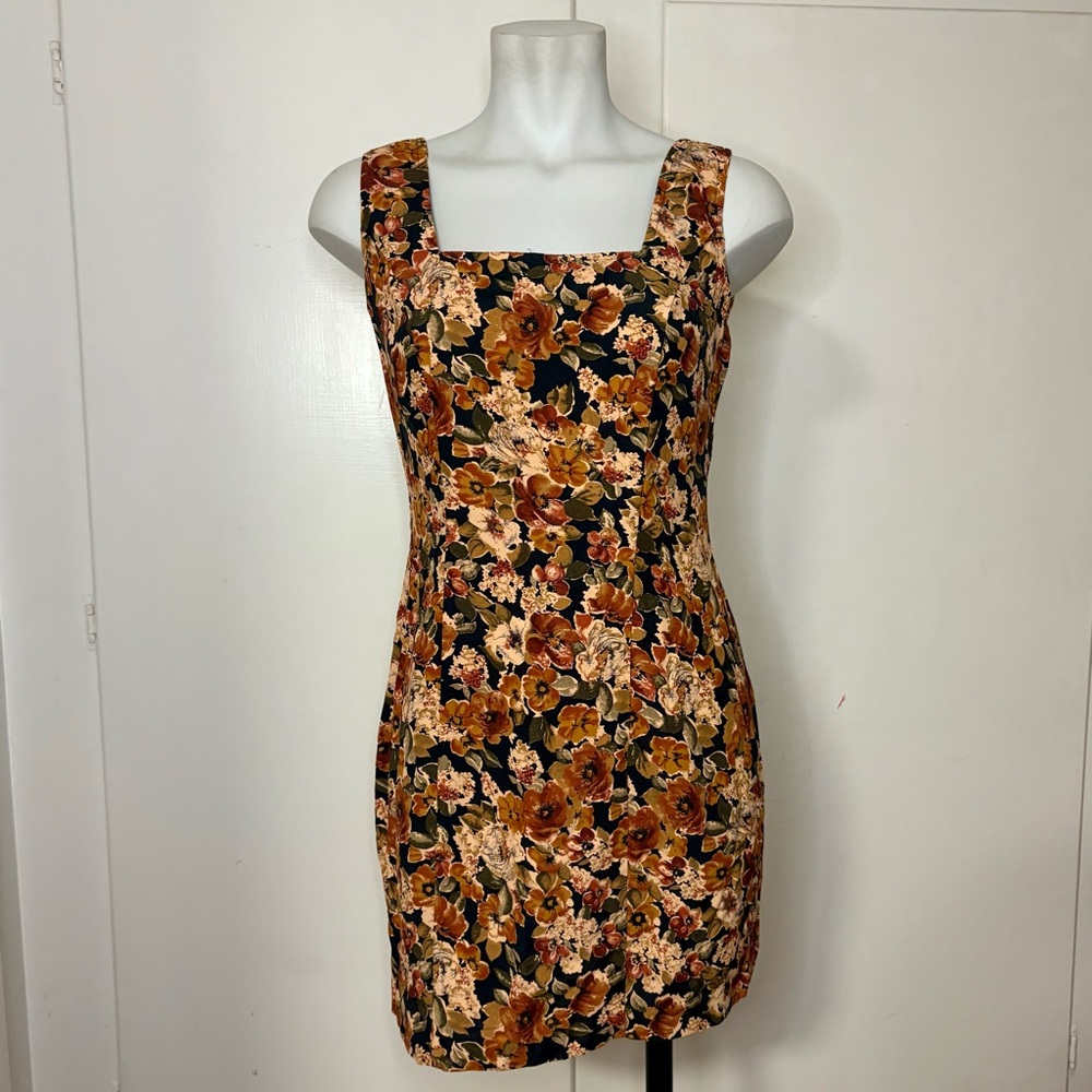Vintage 90s Knapp Studio Brown Tan Floral Rayon Square Neck Mini Dress